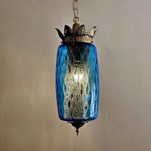 TURQUOISE Hanging QUILTED Blue Light Swag Glass Lamp Retro Vintage Antique